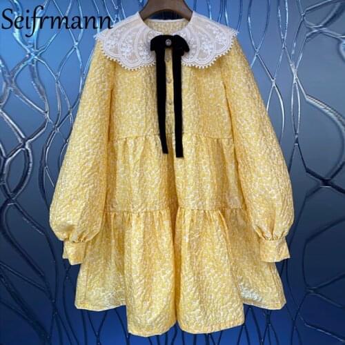 Seifrmann New 2021 Summer Women Fashion Designer Party Mini Dress Lantern Sleeve Bow Single Breasted High Waist Elegant Dresses