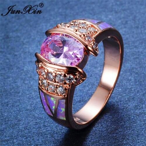 2019 Fashion Cute Female Girl Pink Zircon Stone Ring 18KT Rose Gold Opal Engagement Ring Vintage Wedding Rings For Women