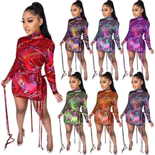 2021 Women Sexy Lace Up Print Sheer Mesh Mini Dress 2021 New O Neck Long Sleeve Bandage Vestidos Night Club Party Outfits