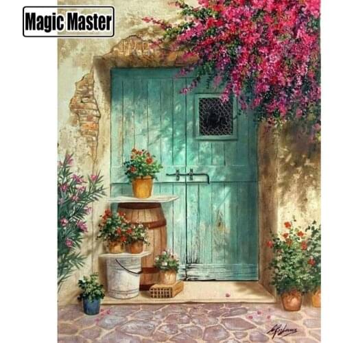 5D DIY Diamond embroidery Cross stitch Blue door and flowers Full Square/Round Diamond mosaic Diamond painting decoration