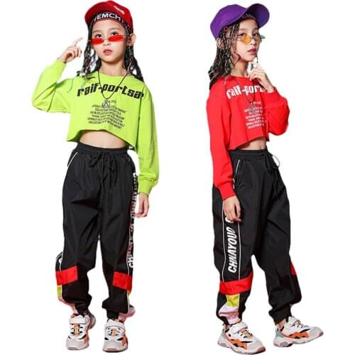 Kids Girls Jazz Hip Hop Long Sleeve Letter Print Tshirt Top/ Pants Costume Girls Dance Contest Photography Clothes