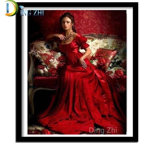 5D Full Square/Round Stone Diy Diamond Painting Mosaic Noble Woman In Red Dress Cross Stitch Portrait Diamant Embroidery Gift