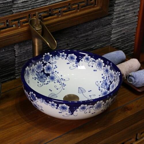Blue white China Artistic Handmade Flower Shape Pastoral Style Counter top Ceramic Bathroom Vessel Sink ceramic art wash basin