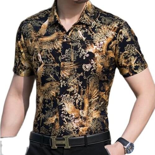 Summer middle-aged men ice silk short sleeve flower shirt breathable flower print shirt loose shirt