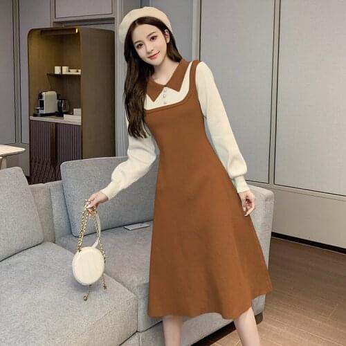 New Autumn Winter Fashion Knitted Dress Women Vintage Long Sleeve Fake Two Piece Sweater Dress Ladies Robe Warm Long Dresses