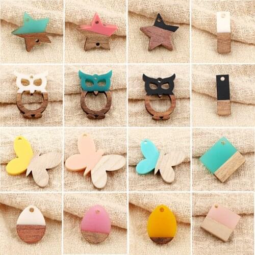 2pcs Small Owl Butterfly Star Hearts Wood Resin Charms Connector Bracelet Findings Square Rectangle Drop Earring Jewelry Make