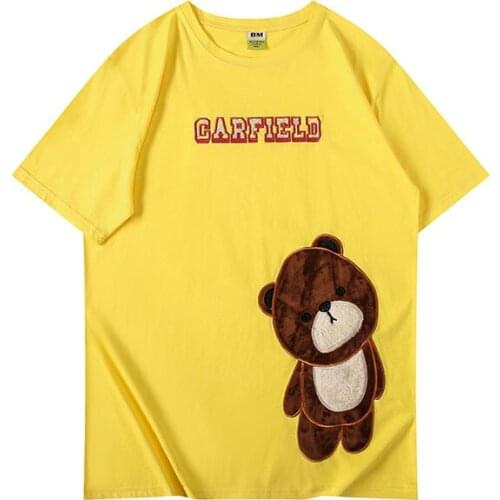 Pure Cotton Casual Short-Sleeved T-Shirt Summer Loose Breathable Bear Embroidery Cartoon Pattern Couple Tops Jogging Streetwear