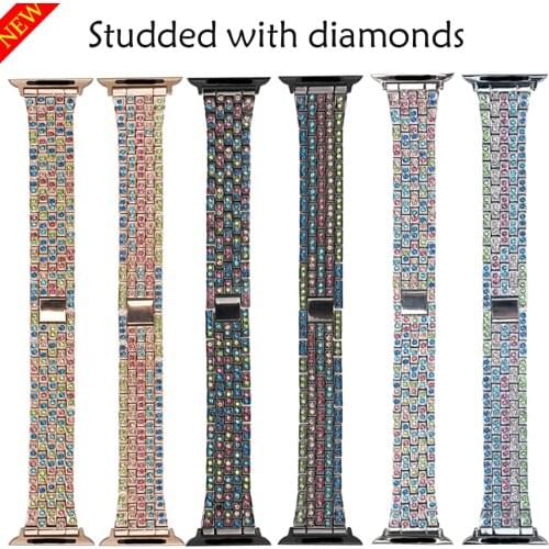 Metal Watchbands for Apple Watch Bands 4 5 6 SE Stainless Steel Studded with Diamonds Watch Strap for iWatch 44mm 42mm 40mm 38mm