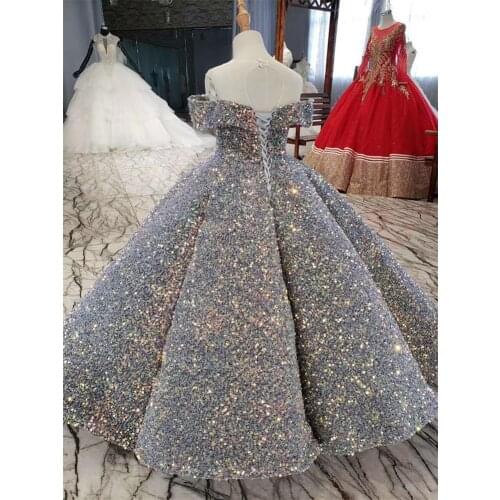 Luxury Silver Bling Sequin Girls Pageant Dresses Fluffy Off the Shoulder Ruched Flower Girl Dresses Ball Gowns Party Dresses
