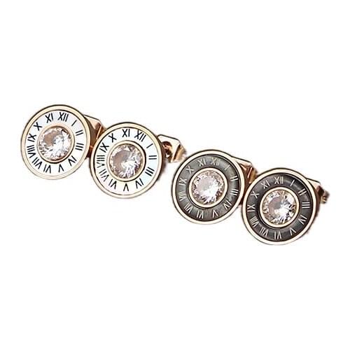 Free Shipping Black White Shell Roman Numerals Round With Cubic Zirconia Rose Gold Color Stainless Steel Stud Earrings
