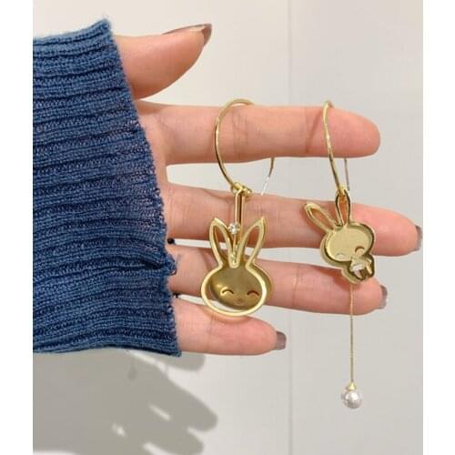 Cute Rabbit Long Pendant Pearl Earrings For Women Fashion Jewelry Golden Hollow Animal Asymmetry Earring