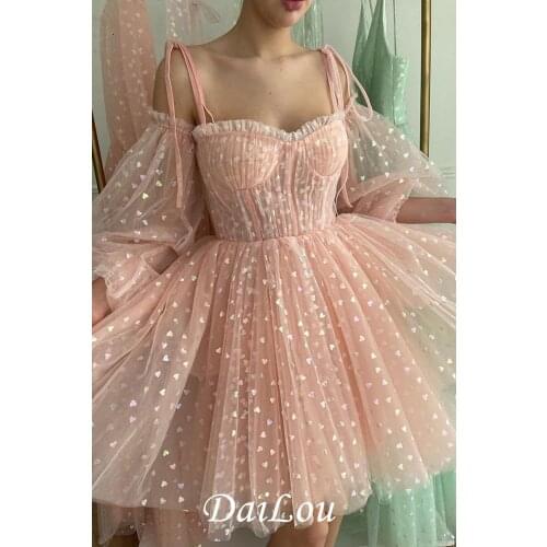 Puff Sleeves Blush Pink Cocktail Party Dresses Tulle Short Prom Gowns Above Knee Length 2021