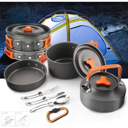 Outdoor Camping Pot Set Portable Camping Cooking Pot Cookware Set With Teapot & Tableware For Outdoor Hiking Travel Picnic