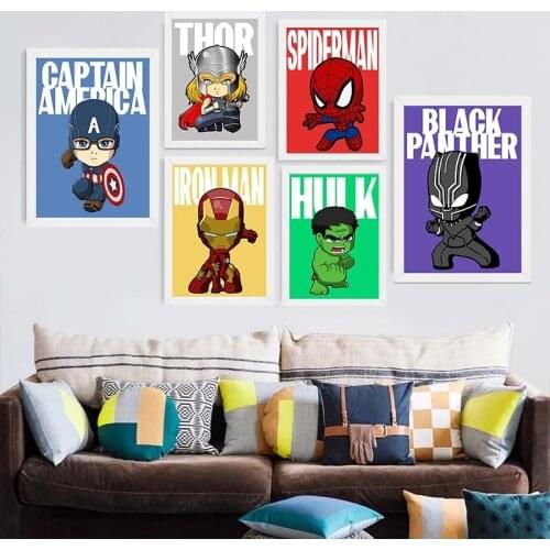 Q version of Marvel superhero cartoon canvas painting poster Creative combination Nursery wall art picture room Cuadros decor