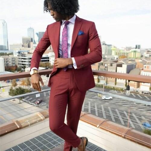Wine Red Slim Mens Suits 2 Pieces Groom Best Man Pants Suit Business Wedding Tailored Blazer (Jacket+Pants)