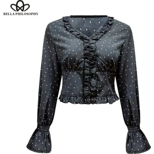 Bella Philosophy Women Shirt Dot Long Sleeve Blouse Vintage Black Short Fashion Slim Spring Print OL Chic Female Tops Girls