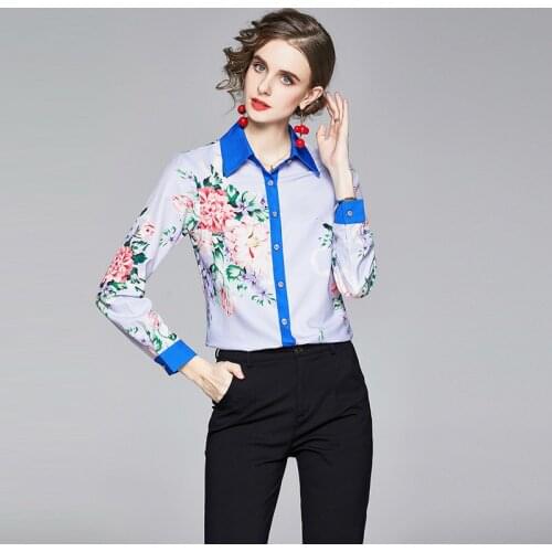 Women Summer Flower Printed Long Sleeve Single-Breasted Shirt Office Turn-down Collar Blouse Elegant Work Plus Size Tops