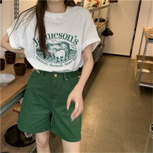 2021 Summer High Quality New Loose Wild Round Neck Printed Short-sleeved T-shirt + High Waist Slim Green Denim Shorts Women