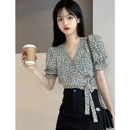 Women Floral Print Blouses Female Puff Sleeve Shirts V-neck Short Long Slevee Blouses Young Style