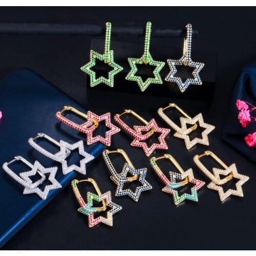 CWWZircons 2021 New Green Red Cubic Zirconia Gold Color Lucky Six Pointed Star Dangle Drop Long Party Earrings for Women CZ836