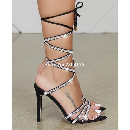 Women Charming Fashion Pointed Open Toe Rhinestone Stiletto Heel Gladiator Sandals Lace-up Crystal Strap High Heel Sandals Heels