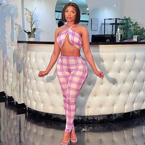 Summer Women Two Piece Set Plaid Pattern Printing Cross Crop Tops With High Waist Long Pants Combination Matching Set
