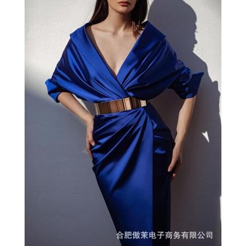 Womens Satin Lapel Long Sleeve Wrapped Dress Womens Slim Dress