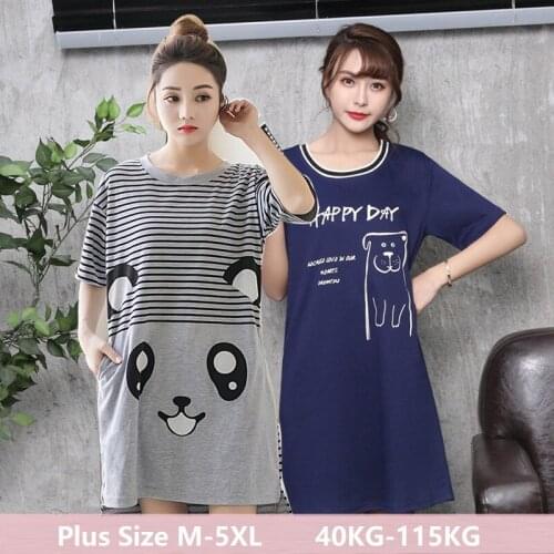 Womens Summer Short Sleeve Sleep Dress Lovely Cartoon Cat Sleepshirt Plus Size Lady Nightdress Young Girl Night M-5XL