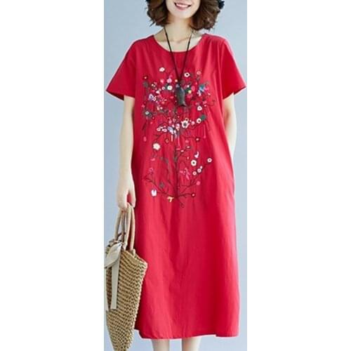 Long Casual Dresses For Women 2019 Summer Dresses Red Yellow O Neck Elegant Retro Loose Embroidery Robe Vintage Femme AA4645
