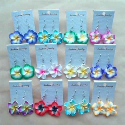 12pair/lot 3cm Polymer Clay Hawaiian Plumeria Flowers Earrings Mixed Dangling Drop Frangipani Earrings For Women Holiday Jewelry