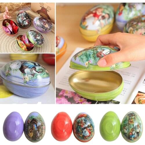2021 Easter Eggs Shaped Candy Box Alloy Metal Trinket Tin Tinplate Case Easter Bunny Chick Printing Party Decoration Hot Sale