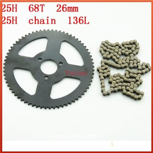 25H Clutch Drum Gear 25H 68T 26mm Sprocket + 25H Chain 136Links For 2 Stroke Minimoto Pocket Bike ATV Quad