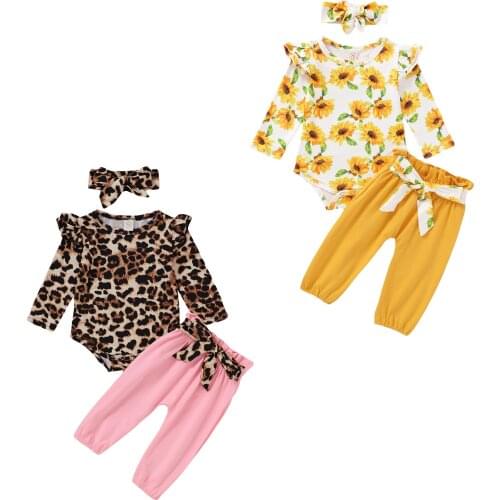 Newborn Infant Girls Outfits Leopard Printed Romper Top + Long Pant + Bowknot Headband + Waistbelt Clothes 3Pcs Set