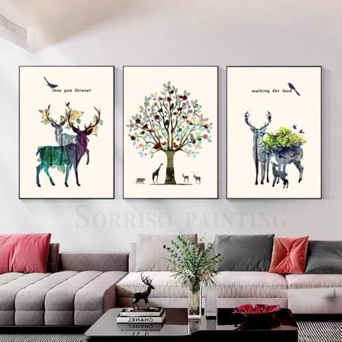Abstract Deer And Tree Nordic Canvas Painting Wall Art Modern Dining Home Decor Posters And Prints Pictures For Living Room