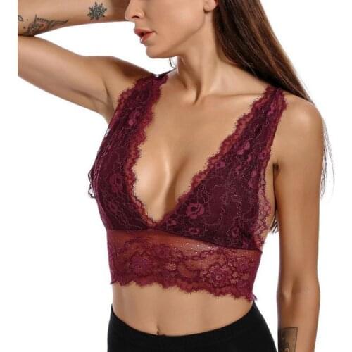 Plus Size Deep V Sexy Bra Women Lace Embroidery Push Up Strappy lingerie Femme Padded Underwear Crop Bra Top