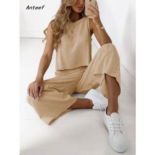 Cotton linen summer casual 2 two piece set trousers tee t shirt women t-shirt ladies tshirt 2021 crop tops wide leg pants