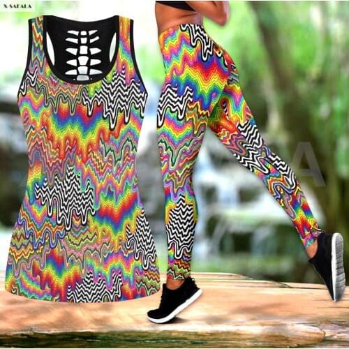 Colorful Trips Hippie Two Piece Yoga Set Women 3D Print Vest Hollow Out Tank Top High Waist Legging Summer Casual Sport