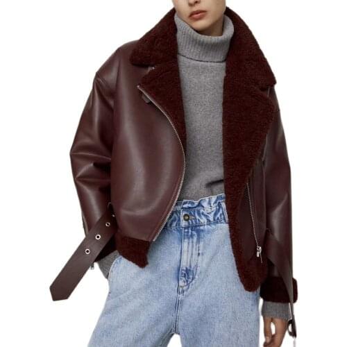 2021 New Arrival Women Winter Thick Faux Leather Fur Sheepskin Coats Female Motorcycle Warm Black Burgundy Jackets Streetwear