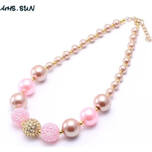 MHS.SUN Fashion Design Girls Gold/Pink Beads Necklace Charming Child Kids Chunky Bubblegum Necklace Handmade Baby Beaded Jewelry