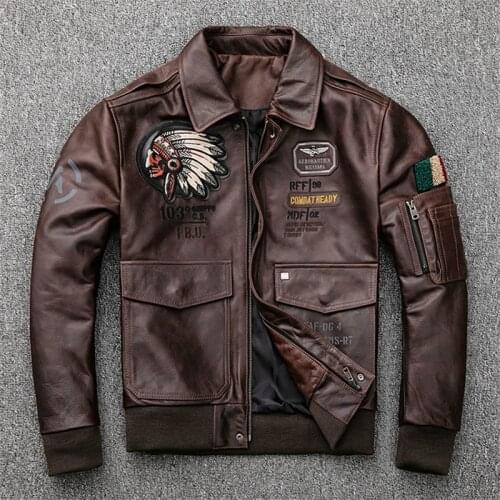 Mens Genuine Motorcycle Indian Cowhide Jacket, Cowhide Flight Suit Jacket , Vintage Distressed Red-Brown Cowhide Jacket Coat