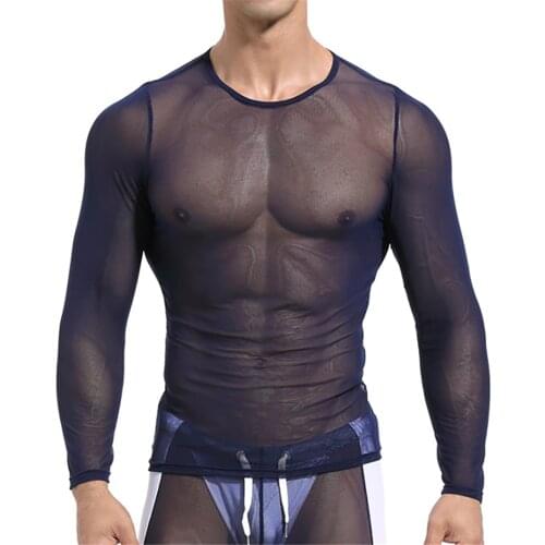 Men Mesh Sexy Transparent Undershirt Gay Shirts Long Sleeve See Through T-shirt Mesh Underwear Male Sexy Fit Tops Gay Clubwear