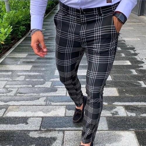 Mens Casual Pants Plaid Social Slim Fit Black Trousers Zipper Mid Waist Skinny Business Office Work Party Male Summer Stretchy