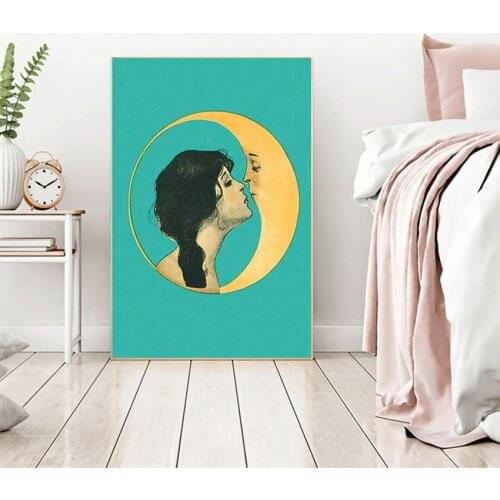 Moon Face Wall Art Poster Picture Canvas Painting Vintage Girl Kissing Moon Canvas Art Print Man in the Moon Art Decor Antique