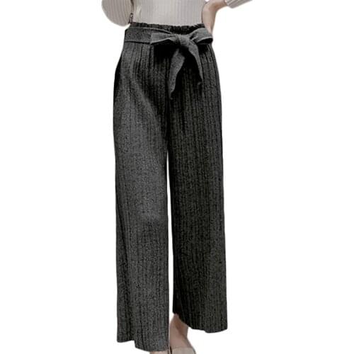 Autumn Winter Women High Waist Trousers Thick Knit Wool Casual Pants Wide Leg Pants Ninth Pants Fashion