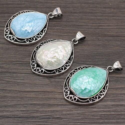 Natural Stone Rose Pink Quartz Malachite Pendant Drop Shape Fashion Black Shell Charms for Jewelry Making DIY Necklace 35x45mm