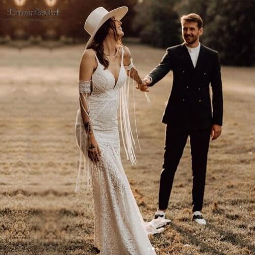 Romantic Gothic Wedding Dresses Fairy Lace Elegant Bridal Gowns Mermaid V-Neck Vestido De noivas Abiti da sposa Chic DW154