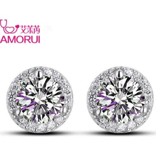 AMORUI Silver Plated 4 Prongs Round Brilliant Cut Sona 1 Carat Created CZ Stone Stud Earring for Women Earings Fashion Jewelry