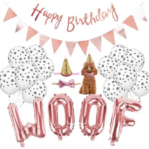 Dog birthday party supplies rose gold WOOF letter foil balloons happy birthday banner paw print latex ball pet birthday with hat