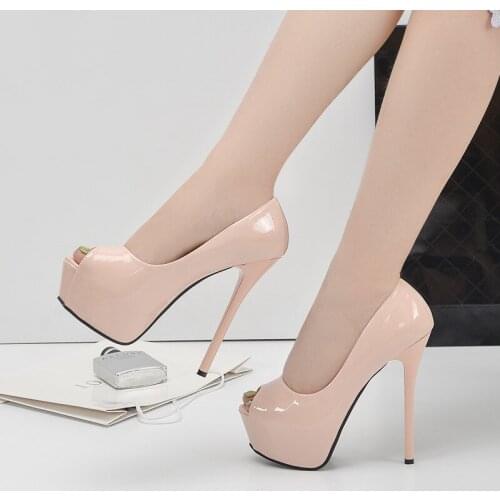 Women Summer Pumps Shoes PU Leather Platform Peep Toe Slip-On 14cm Thin Heels Shallow Solid Club Sexy Lady Party Female Shoes