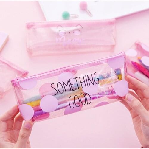 Waterproof Plastic Storage Bag For Makeup Brush Pencil Case Transparent Cartoon Cat Zipper PVC Bag Pens Stationary Organizer